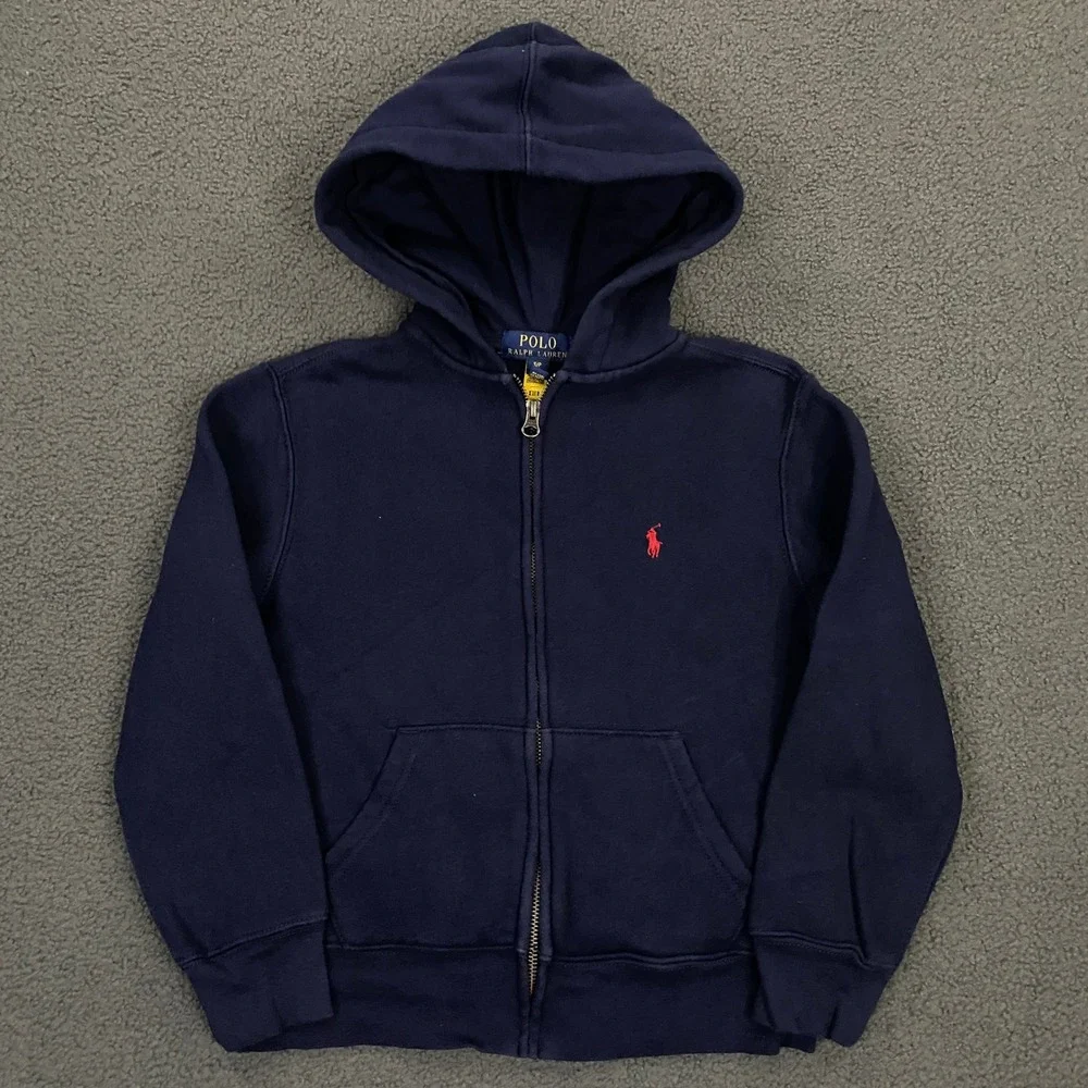 Polo Ralph Lauren Hoodie Kids 8 Navy Blue Full Zip Cotton Pony Logo Sweatshirt